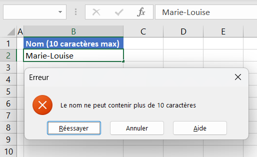 excel limite caracteres validation erreur