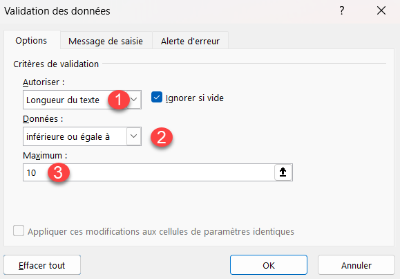 excel limite caracteres validation options