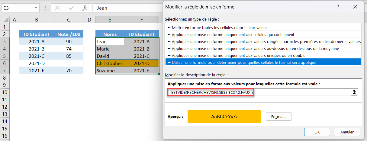 excel recherchev formule estvide