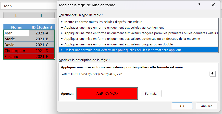 excel recherchev redouble formule