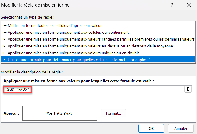 excel surbrillance ligne formule