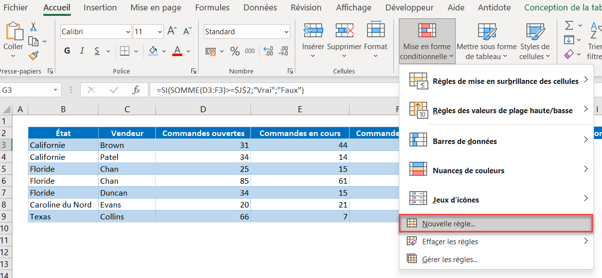 excel surbrillance ligne nouvelle regle