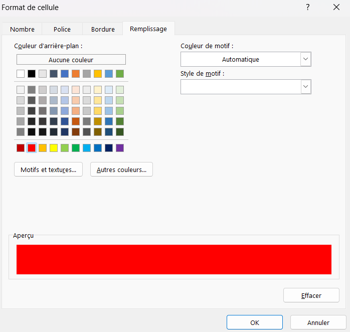 excel surbrillance ligne remplissage