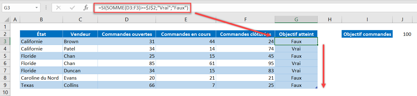 excel surbrillance ligne somme