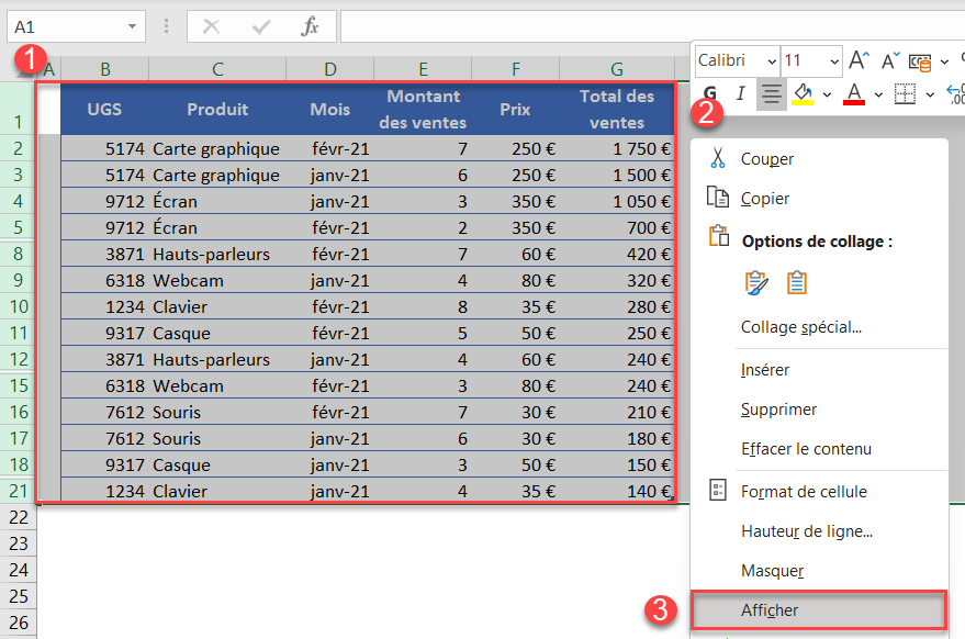 excel trier ignorer afficher lignes masquees