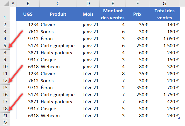 excel trier ignorer lignes masquees