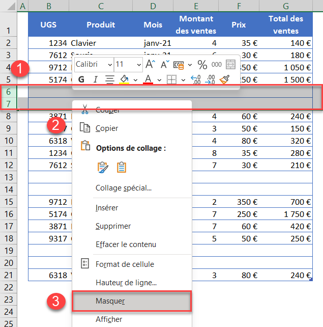 excel trier ignorer masquer lignes