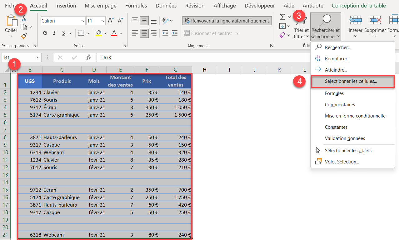 excel trier ignorer selectionner cellules