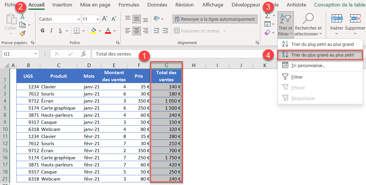 excel trier ignorer trier plus grand