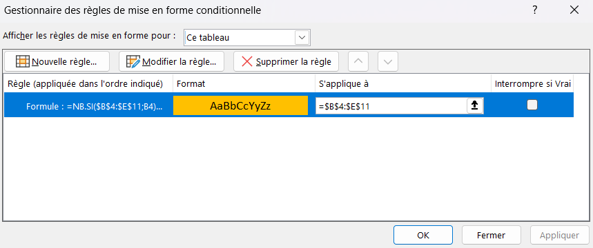 excel valeurs doubles gestionnaire