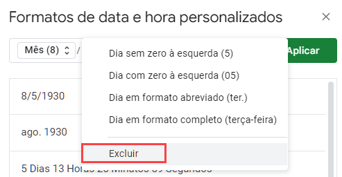 exclua data no formato