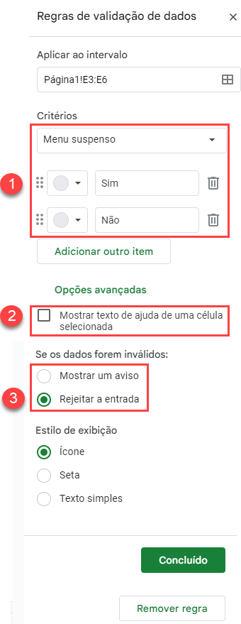 exemplo validação dados planilhas google sim não