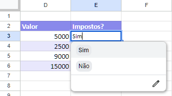 exemplo validação planilhas google sim não