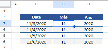 funcoes mes ano google sheets