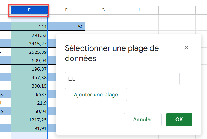 google sheets appliquer colonne selection plage