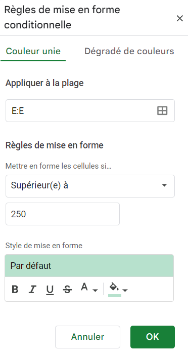 google sheets appliquer colonne superieur a