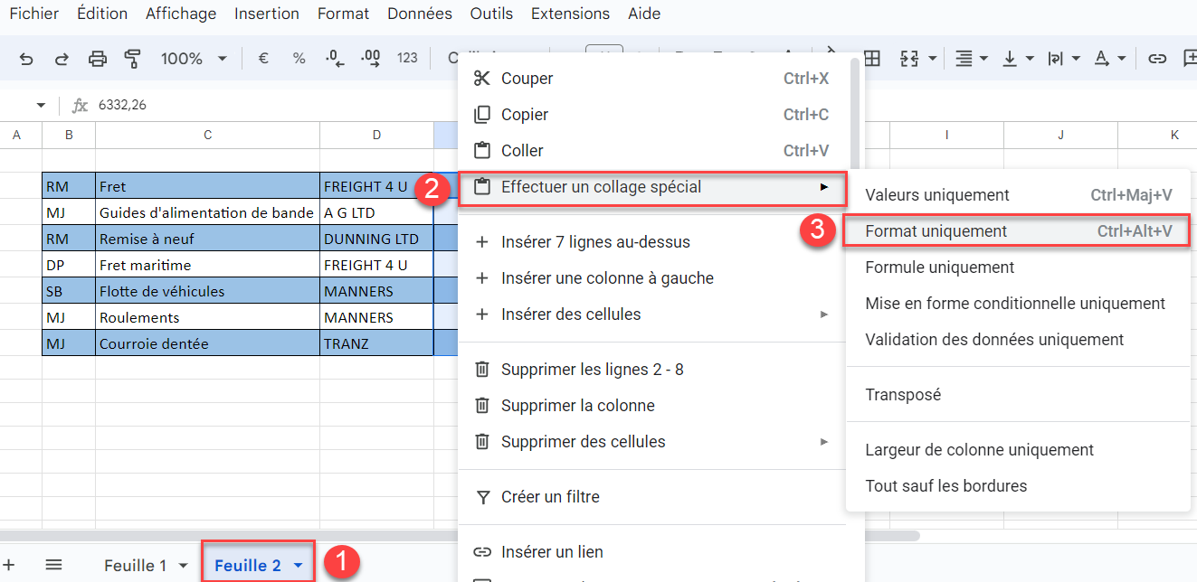 google sheets appliquer feuille coller