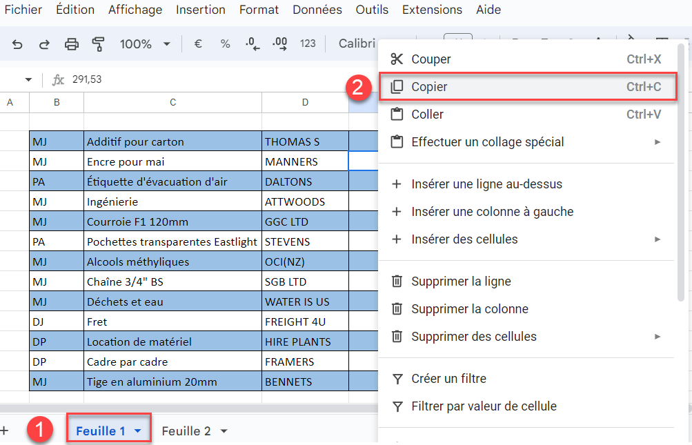 google sheets appliquer feuille copier