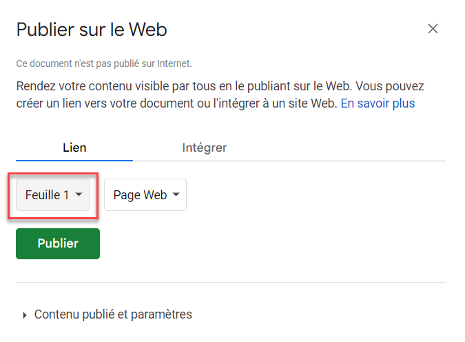 google sheets integrer html choix feuille