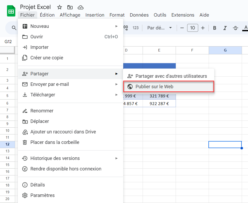 google sheets integrer html option publier