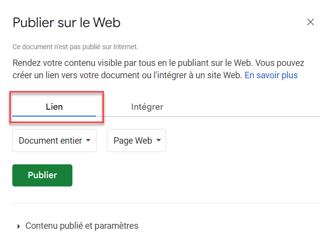 google sheets integrer html publier lien