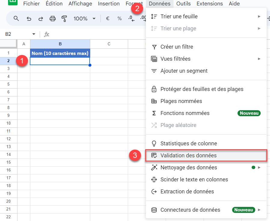 google sheets limite caracteres validation etapes