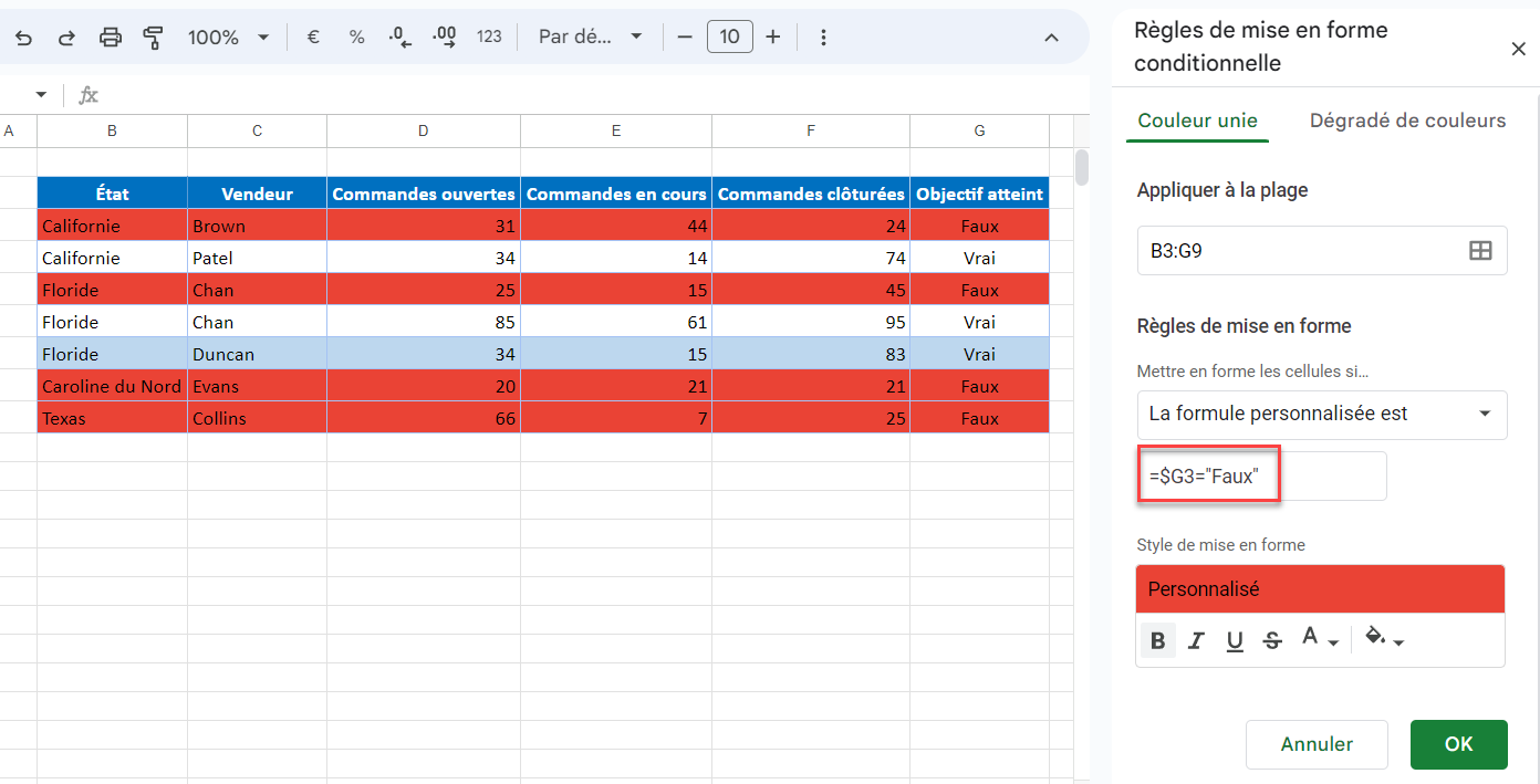 google sheets surbrillance ligne regles