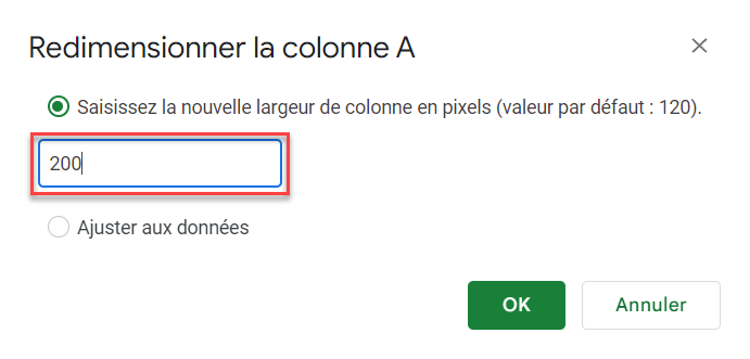 google sheets taille cellule colonne 200