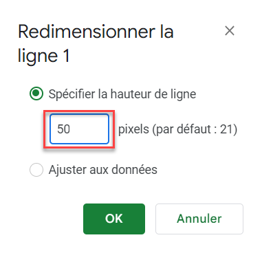 google sheets taille cellule ligne 50 resultat