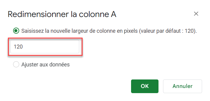 google sheets taille cellule retour colonne 120