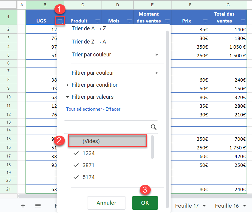 google sheets trier ignorer cellules vides