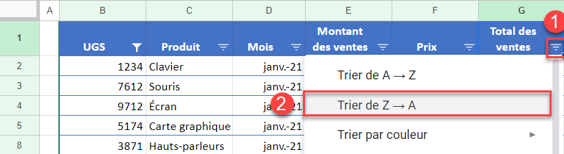 google sheets trier ignorer trier ZA