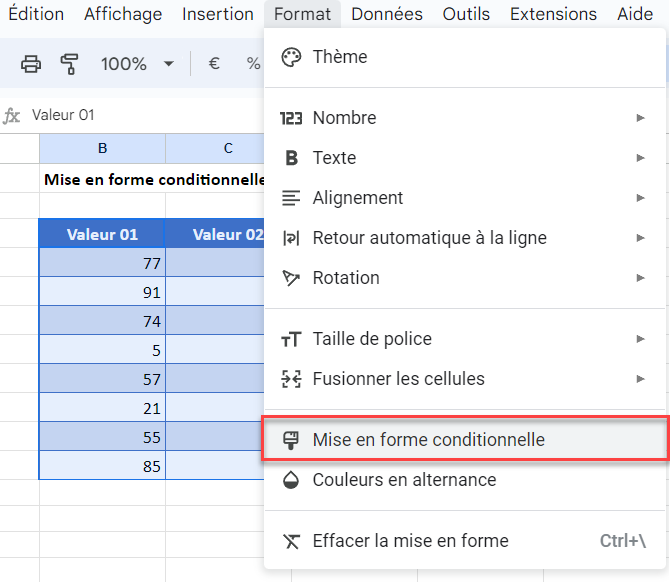 google sheets valeurs doubles miseenforme