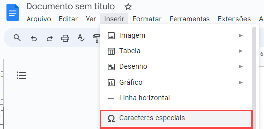 inserir caracteres especiais google docs