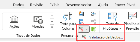 menu dados validação