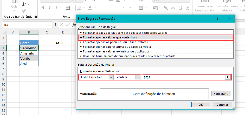 opções menu formatação condicional