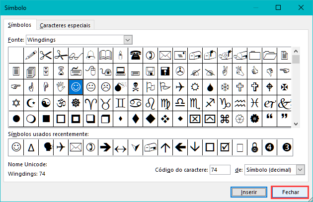 simbolo especial wingdings fechar