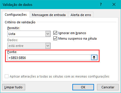 validação dados lista fonte