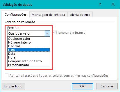 validação dados lista