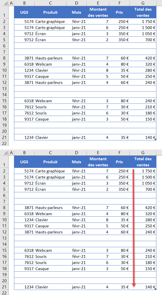 excel trier ignorer tableau présentation