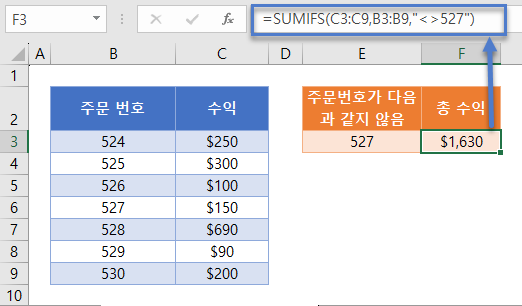 같지않은값합계 sumifs