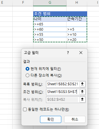 고급 필터 복수의 조건 범위