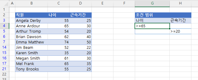 고급필터 복수 조건범위 필터 결과