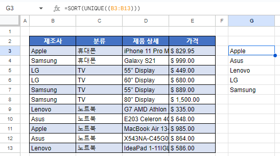 구글시트 쏘트 유니크 함수