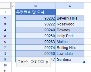 구글시트 텍스트를 열로 분할 결과