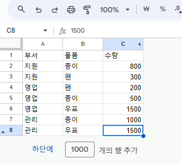 구글시트 행 열 숨긴 결과