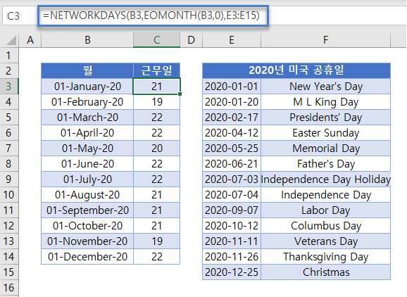 근무일수 networkdays eomonth