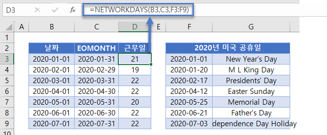 근무일수 networkdays 근무일