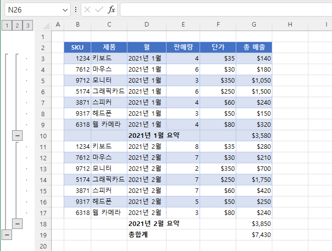 부분합 행 추가 방법