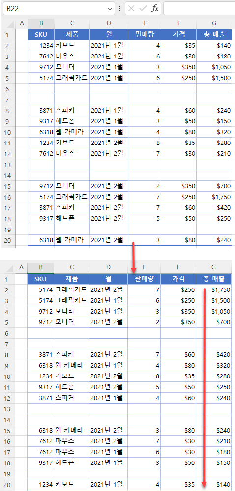 빈 행 숨기고 내림차순 정렬하기